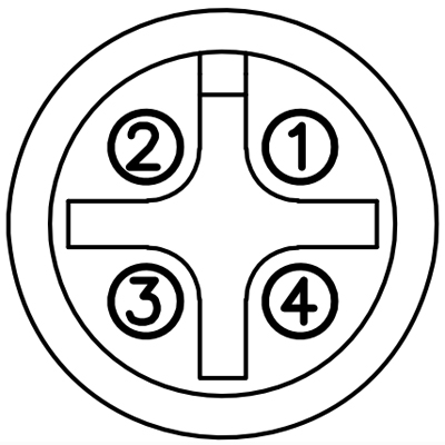M12 à 4 broches (code A) : schéma de brochage, vue de face